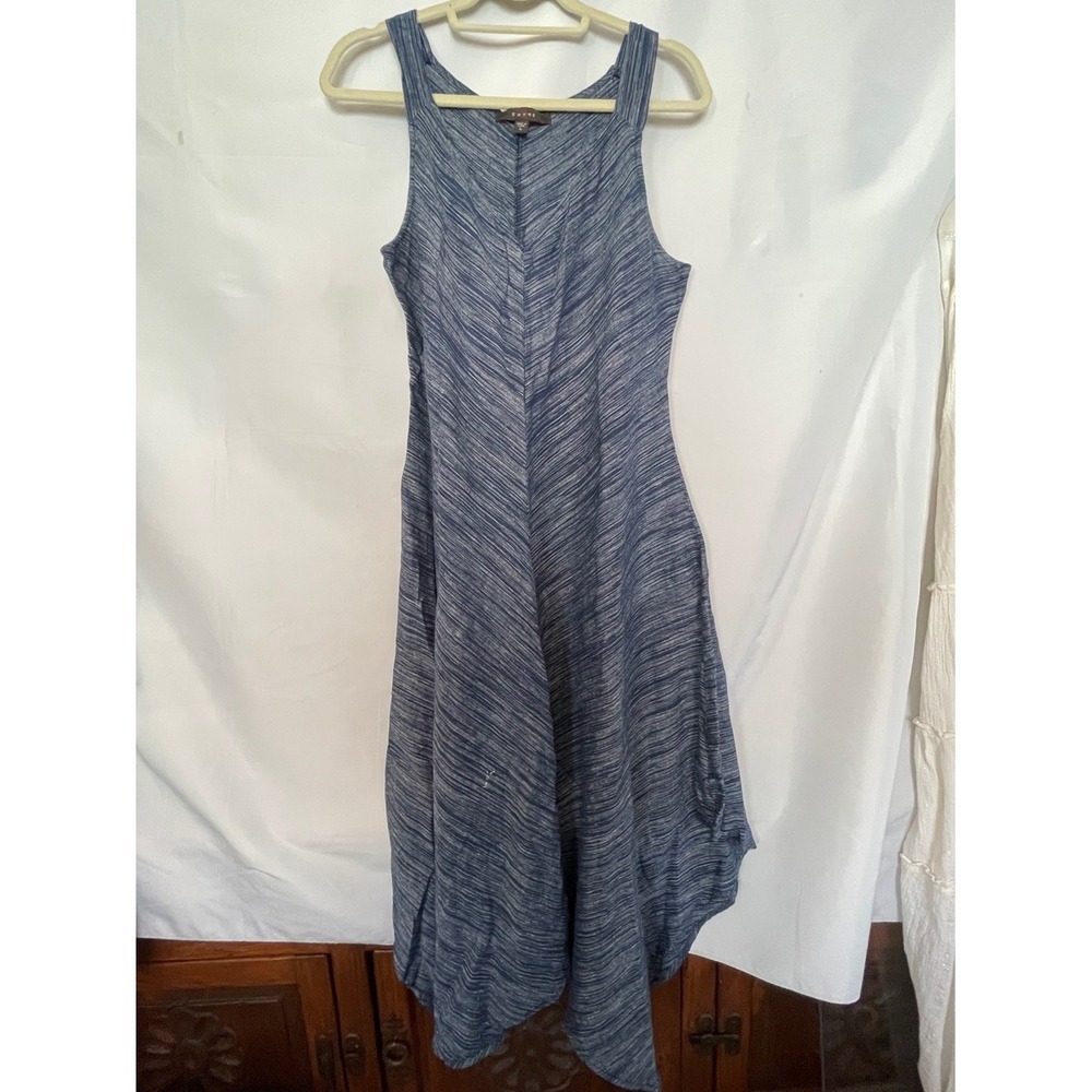 Fever Navy White Striped Dress Flowy Linen Women's Medium Festival Boho V neck
